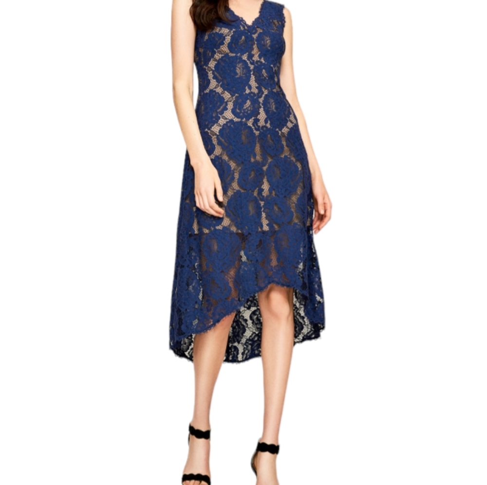Tadashi Shoji Gaviota High Low Lace Overlay Dress Women's Sz 8 Navy Blue
